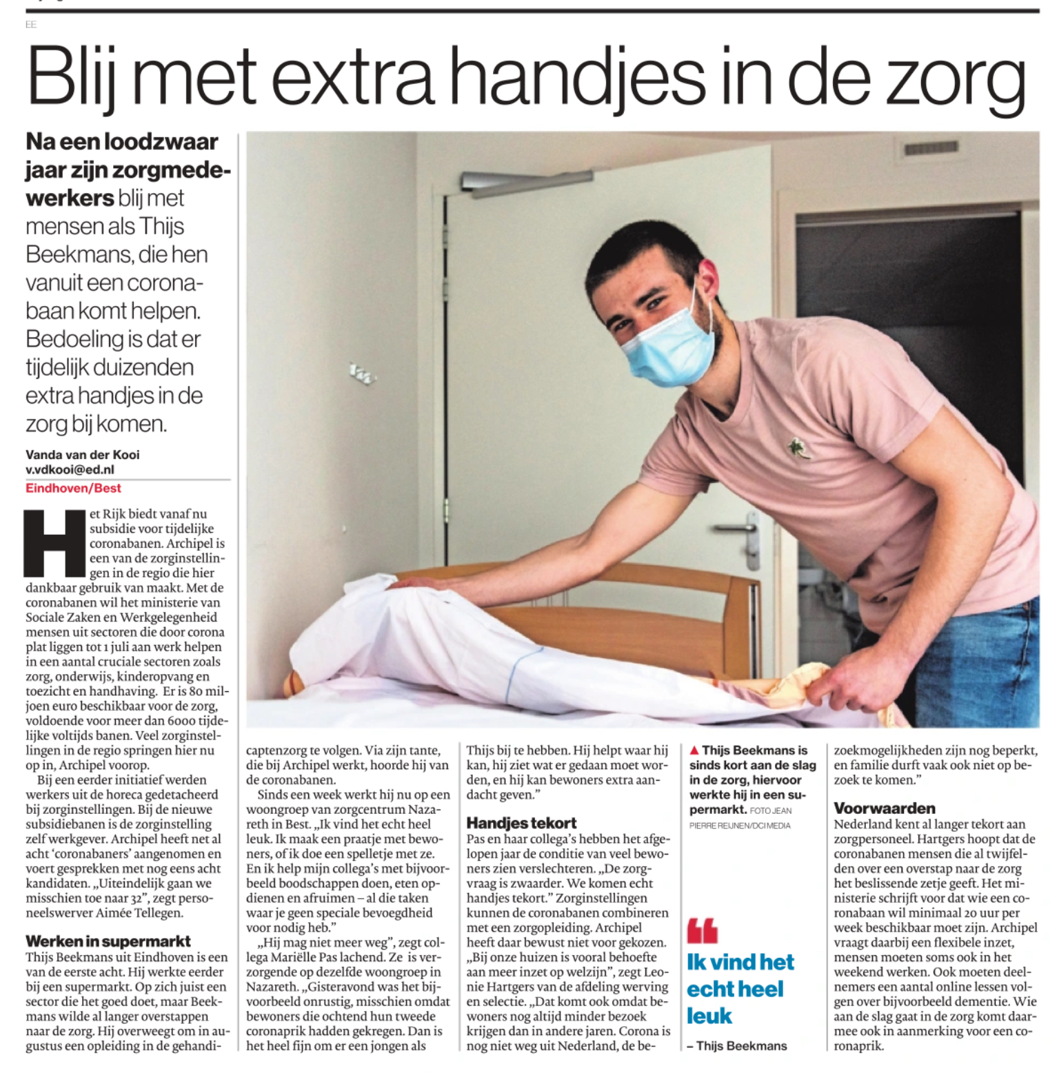 Negen Graveren snor Artikel in ED: Blij met extra handen in de zorg